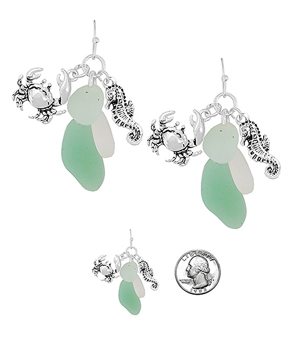 Sealife Theme Seaglass Multi Charm Earring - Seahorse Crab Seaglass