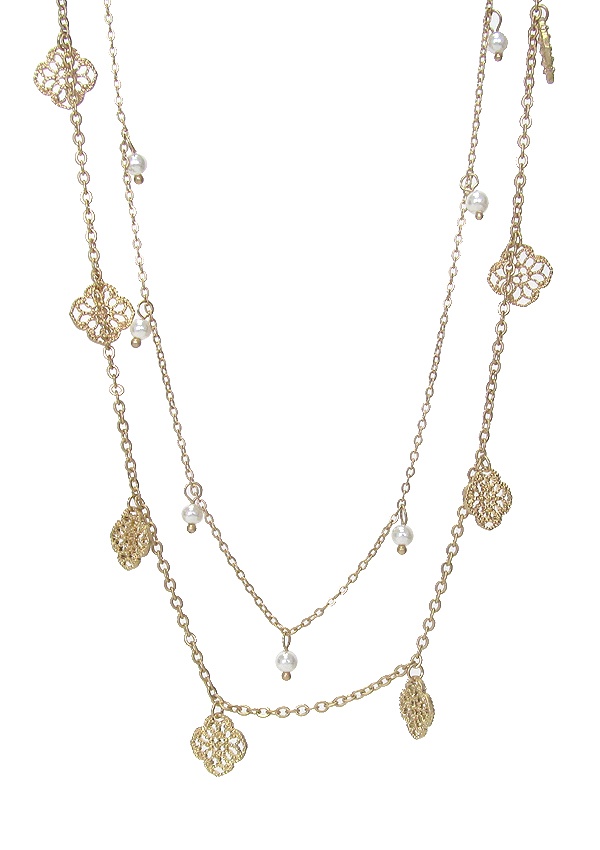 Metal Filigree Quatrefoil And Pearl Dangle Double Layer Necklace