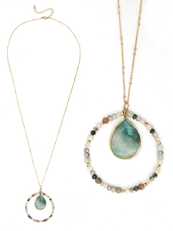 Semi Precious Stone And Bead Hoop Pendant Long Necklace