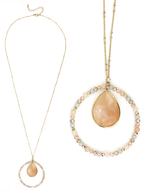 Semi Precious Stone And Bead Hoop Pendant Long Necklace
