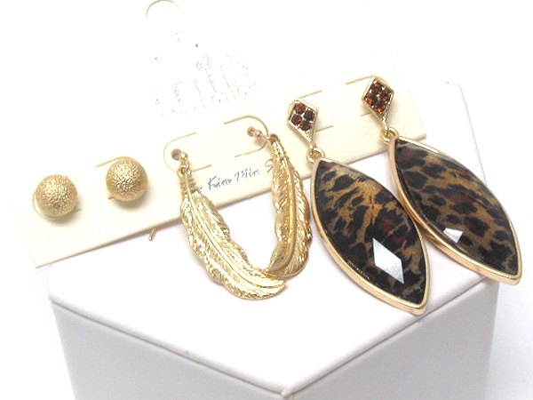 Round Metal Stud Metal Leaves Anmal Print 3 Pair Earring Set