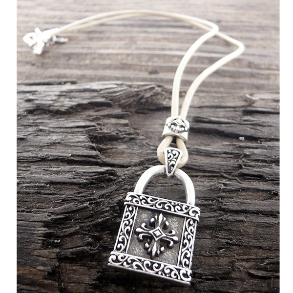 Men's Stainless Steel Leather Chain Necklace with Lock Pendant