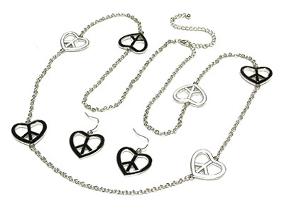 Enamel Heart Peace Pendant Long Necklace And Earring Set