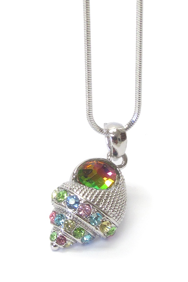 Made In Korea Whitegold Plating Multi Color Crystal Concho Shell Pendant Necklace