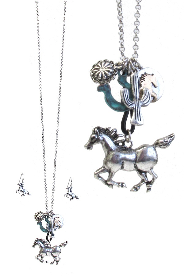 Western Theme Muli Charm Pendant Long Necklace Set - Horse Cactus
