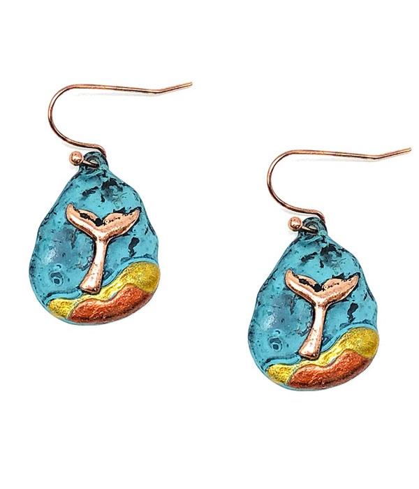 Patina and Burnish Tri-Tone Retro Vintage Whale Tail Earrings