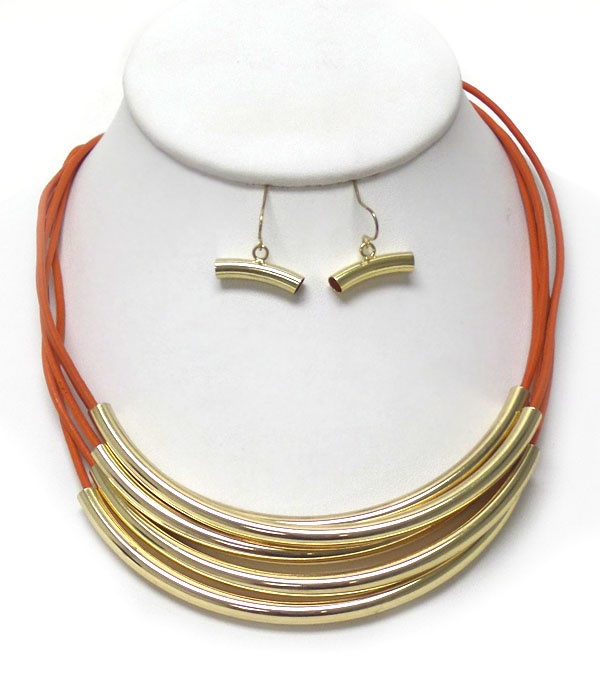 Multi Metal Tube And Cord Mix Nekclace Earring Set