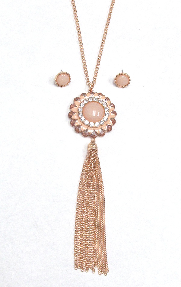 Crystal Flower And Long Fine Chain Tassel Necklace Set
