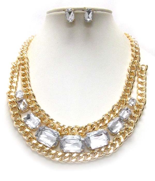 Facet Acrylic Stone And Doulble Chain Deco Drop Necklace Earring Set