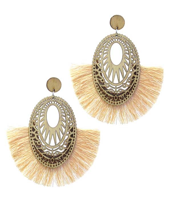 Laser Cut Wood And Fan Tassel Earring - Oval