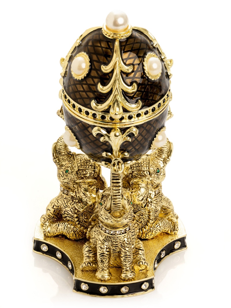 Regal Brown And Gold Enamel Egg With Elephant Pedestal