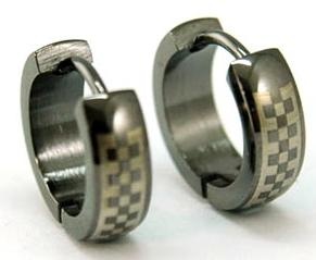 Black Checkered Stainless Steel Hoop Mens Earrings