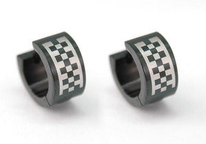 Mens Black Checkered Solid Stainless Steel Earrings