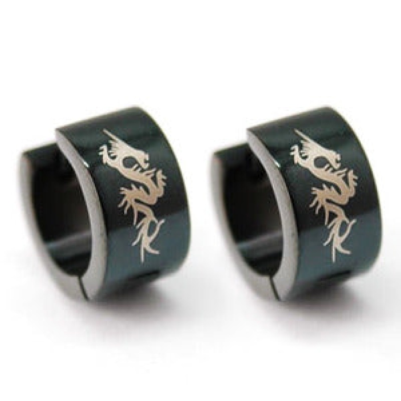 Mens Stainless Steel Black Dragon Huggie Earrings