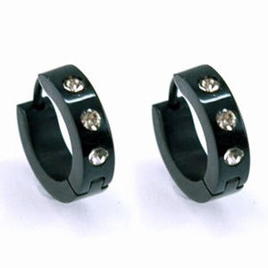 Black 3 Created Studs Stainless Steel Hoop Mens Earrings