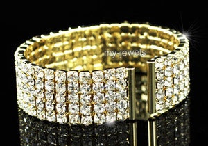 5-Row Crystal Bridal Gold Cuff Bangle Bracelet