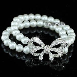 Bridal White Faux Pearl Ribbon Bracelet
