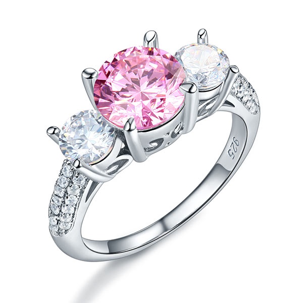 925 Sterling Silver 3-Stone Wedding Ring 2 Carat Fancy Pink Simulated Diamond Jewelry Vintage Style Xfr8227