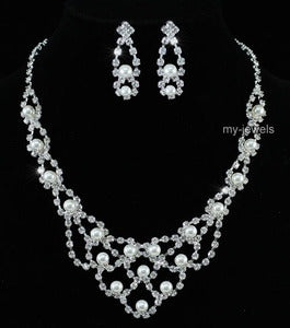 Bridal Faux Pearl Crystal Necklace Earrings Set