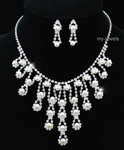 Bridal Queen White Faux Pearl Necklace Earrings Set