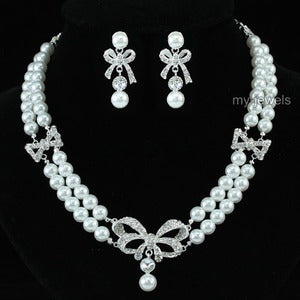 Bridal Ribbon White Faux Pearl Necklace Set