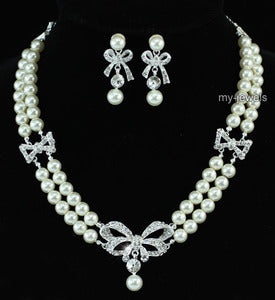 Bridal Ribbon Ivory Faux Pearl Necklace Set