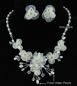 Bridal Ivory Fabric Water Pearl Necklace Earrings Set