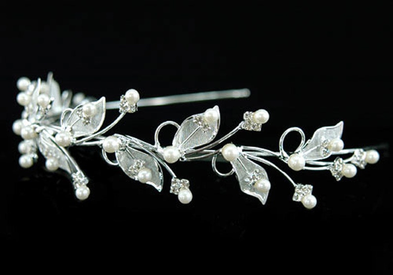 Bridal Crystal Faux Pearl Leaf Leaves Tiara
