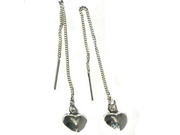 Sterling Silver Puffed Heart Dangle Ear Threads