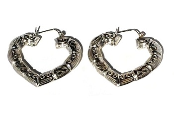 Sterling Silver Heart Shrimp Hoop Pin Catch Earrings With Etchings