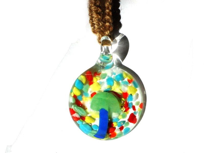 Blue Mushroom In Round Glass Psychedelic Background Hemp Necklace