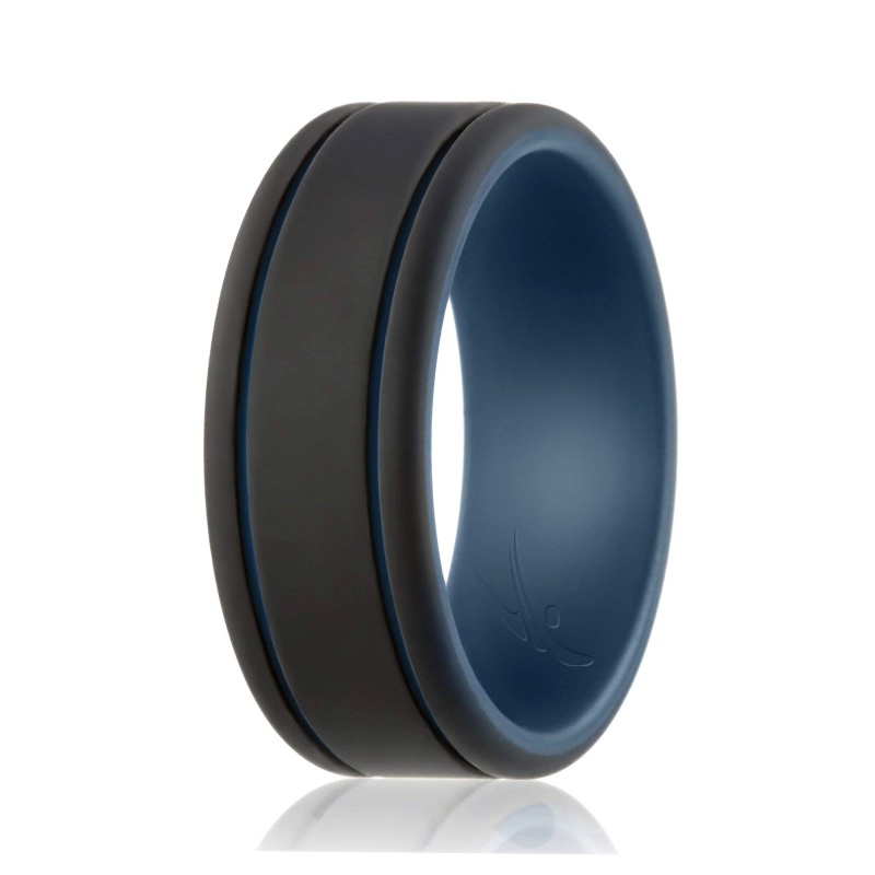 Silicone Wedding Ring - Duo Collection 2 Thin Lines - Blue-Black By Roq For Men - 11 Mm Ring