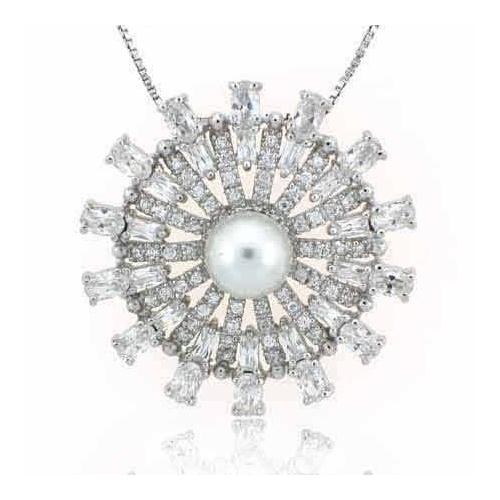 Sterling Silver Created Pearl & Cubic Zirconia Radiant Flower Pendant