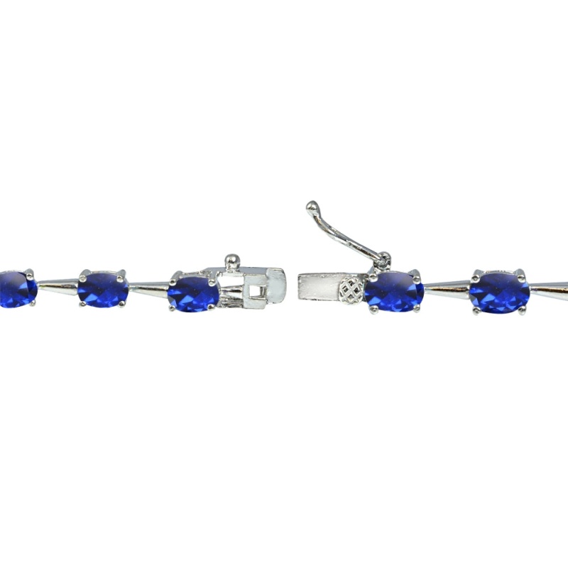 Sterling Silver Created Blue Sapphire 6X4mm Oval Classic Link Tennis Bracelet