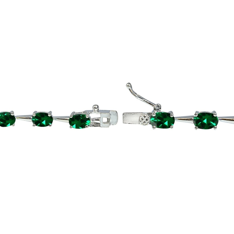 Sterling Silver Created Emerald 6X4mm Oval Classic Link Tennis Bracelet
