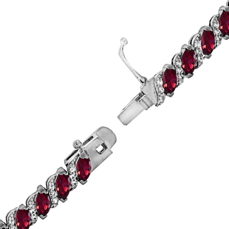 Sterling Silver Created Ruby Marquise-Cut 6X3mm Tennis Bracelet With White Topaz Accents