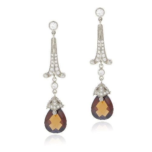 Sterling Silver 18Ct Chocolate & Clear CZ Estate Dangle Earrings