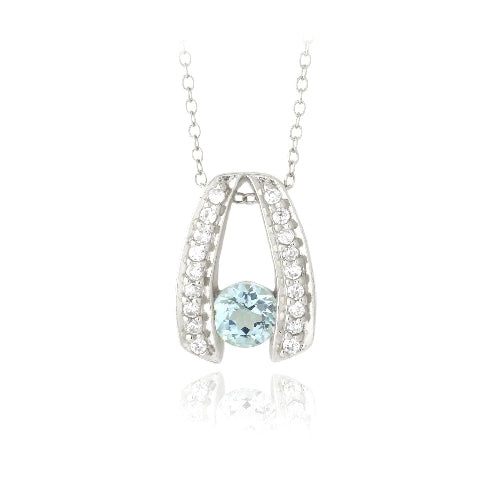 Sterling Silver 1Ct Blue Topaz & Cz Wishbone Necklace