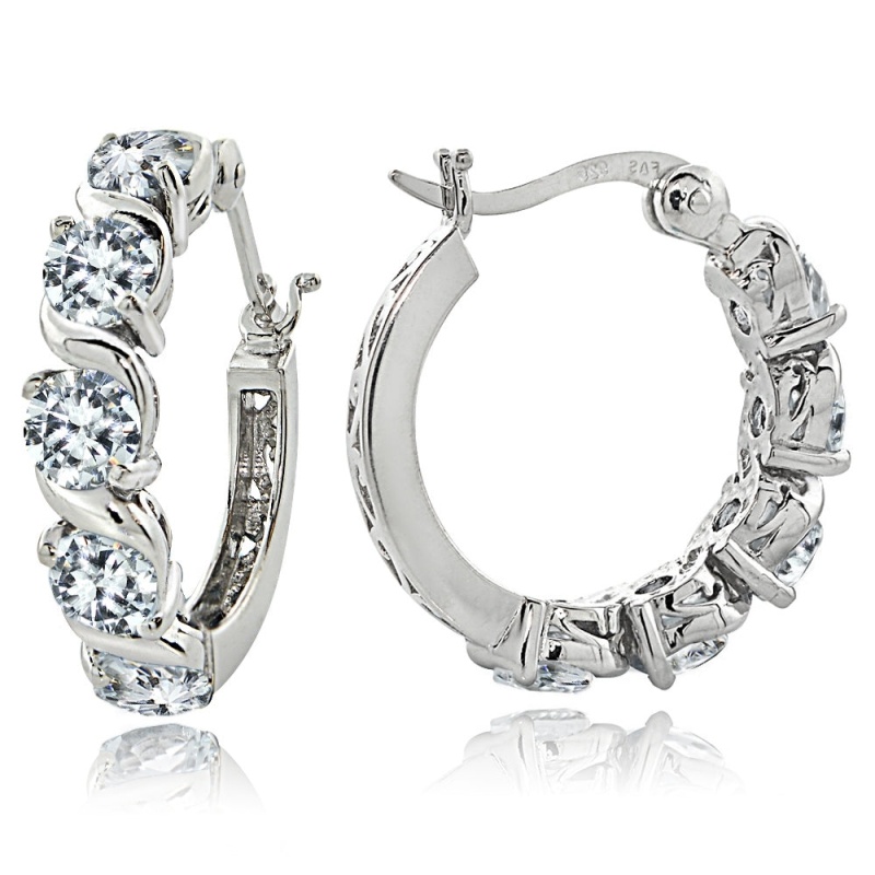 Sterling Silver Cubic Zirconia S Design Hoop Earrings