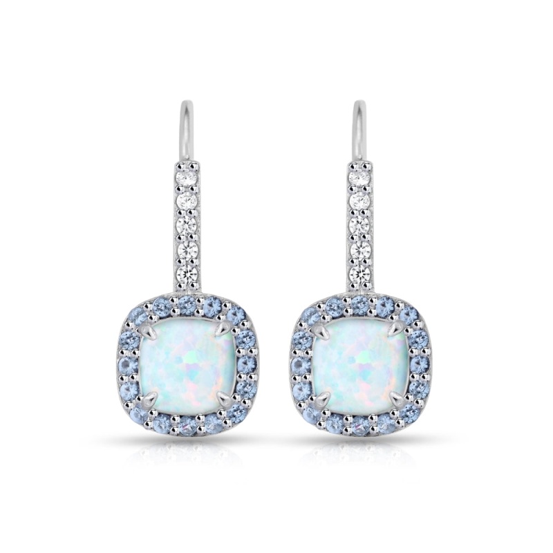 Sterling Silver Created White Opal & Tanzanite Cushion-Cut Halo Leverback Earrings