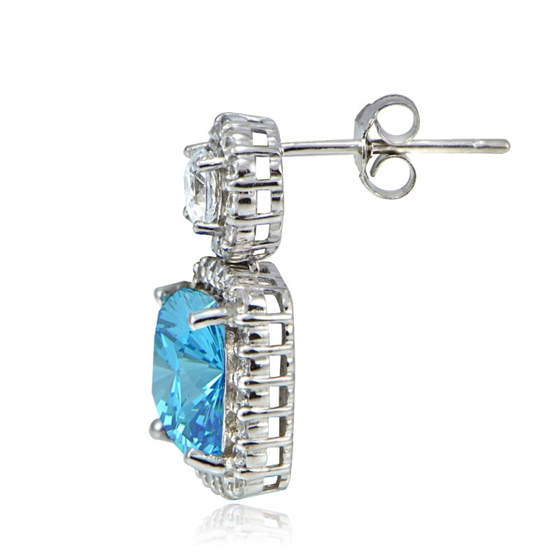 Platinum Plated Sterling Silver 100 Facets Light Blue Cubic Zirconia Cushion-Cut Dangle Earrings