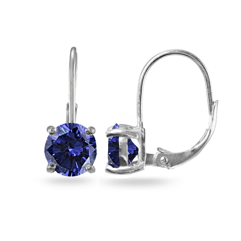 Sterling Silver Blue Cubic Zirconia Round 7Mm Leverback Earrings