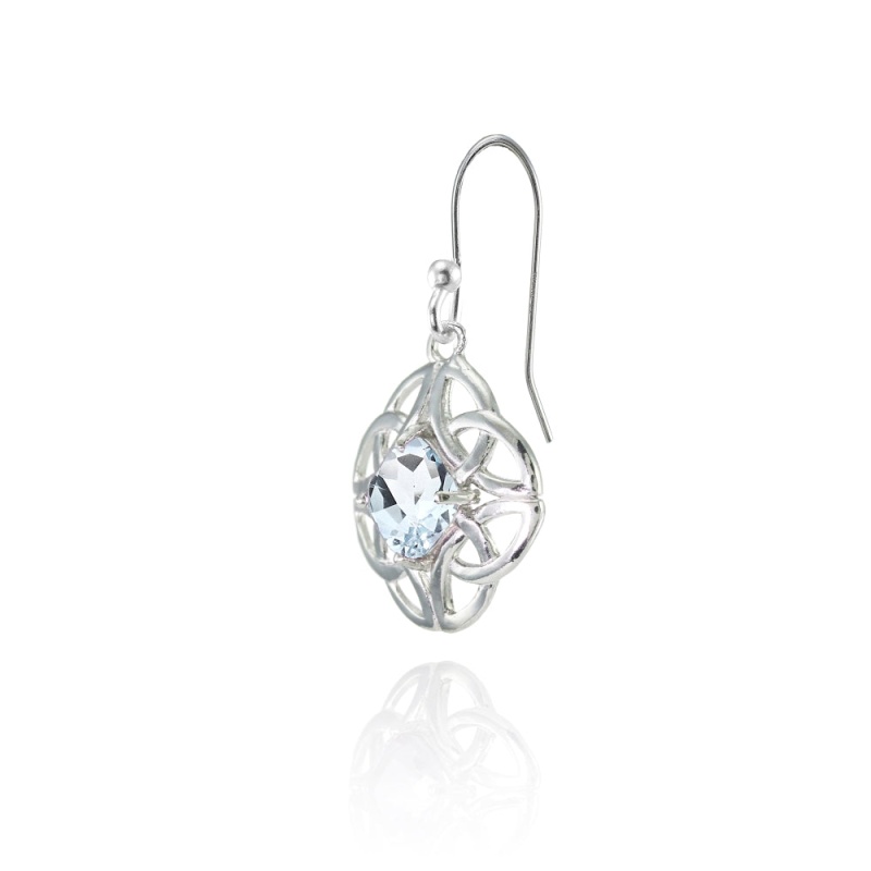 Sterling Silver Aquamarine 5X5mm Cushion-Cut Celtic Open Knot Dangle Earrings