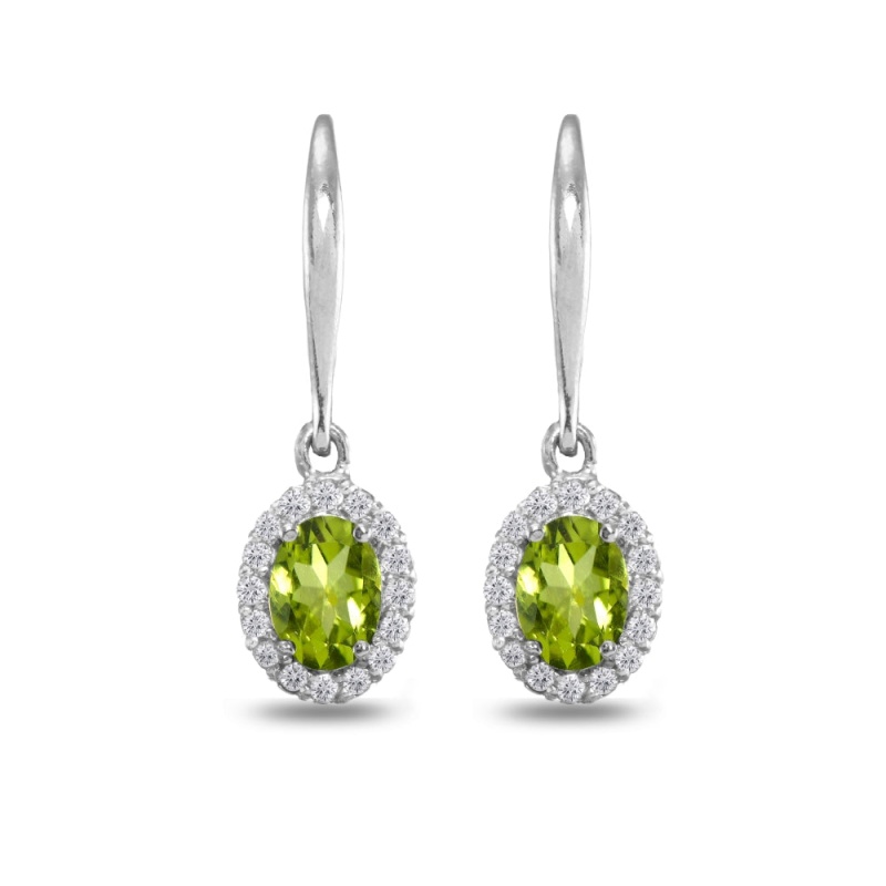 Sterling Silver Peridot & White Topaz Dainty Oval Dangle Halo Leverback Earrings