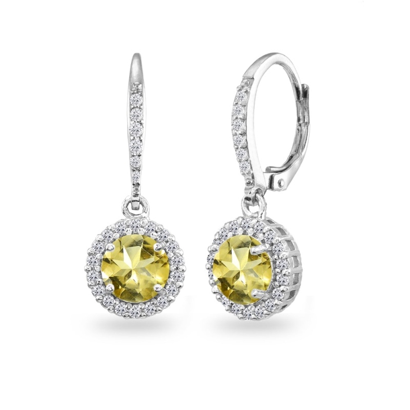 Sterling Silver Citrine Round Dangle Halo Leverback Earrings With White Topaz Accents
