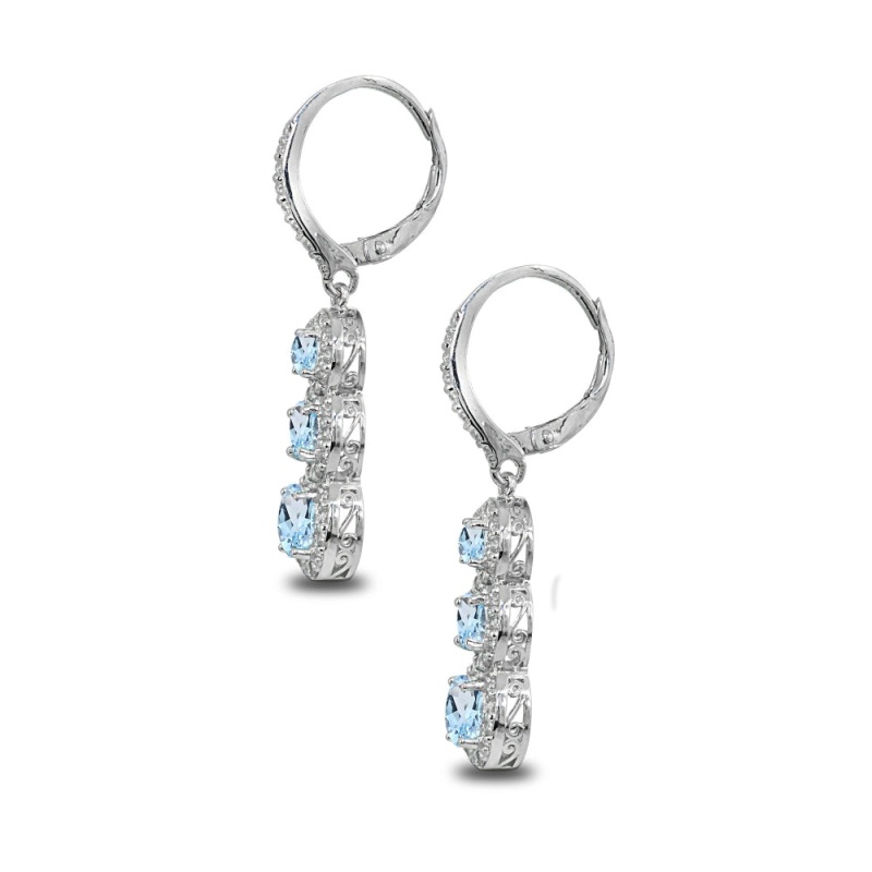 Sterling Silver Blue Topaz Journey Halo Three-Stone Dangle Leverback Earrings