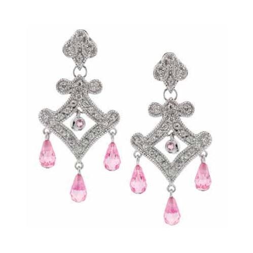 Sterling Silver Pink & White Cz Chandelier Earrings
