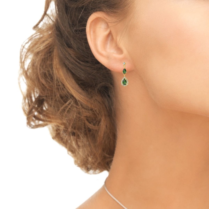 Yellow Gold Flashed Sterling Silver Created Emerald And White Topaz Fashion Teardrop Dangle Earrings