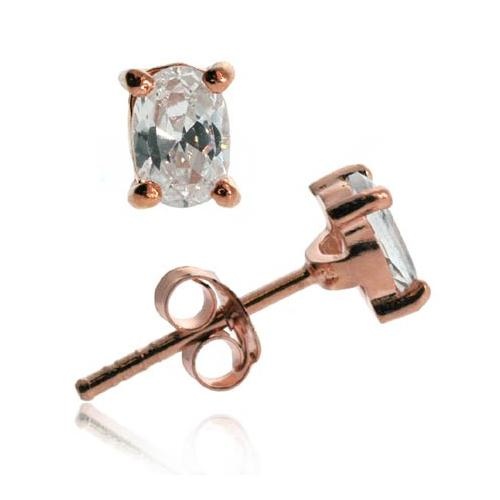 18K Rose Gold Over Sterling Silver Cz 6X4 Oval Stud Earrings