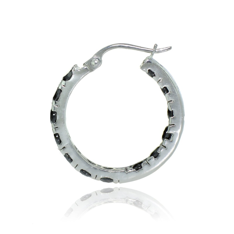 Sterling Silver Black Cubic Zirconia Inside Out 3X25 Mm Round Hoop Earrings